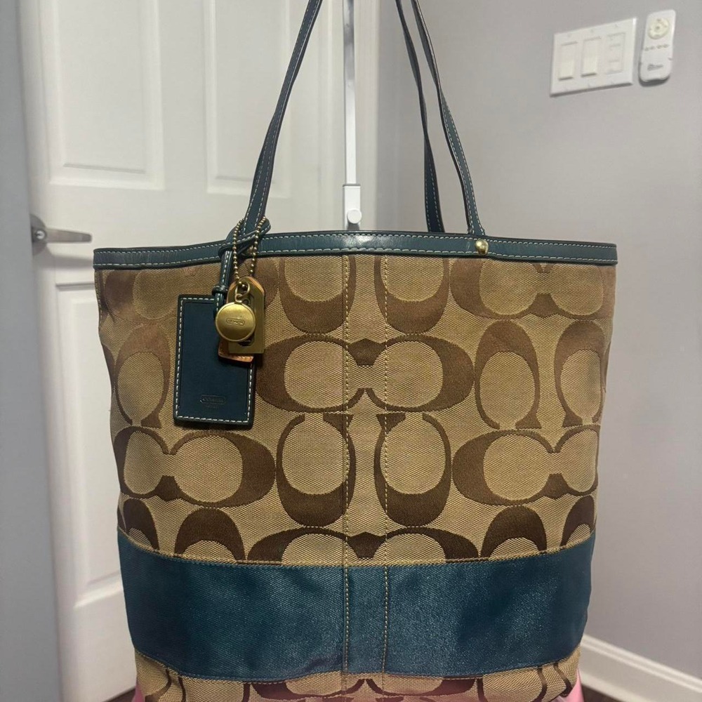 Coach Signature Brown & Blue Monogram Tote Bag